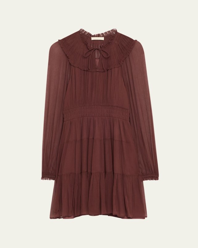 Ava Long-Sleeve Tiered Silk Mini Dress